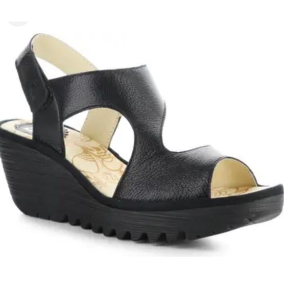 Fly London Women's Sandals Black Leather Platform Slingback Wedge Size 40/9.5 - Picture 1 of 12